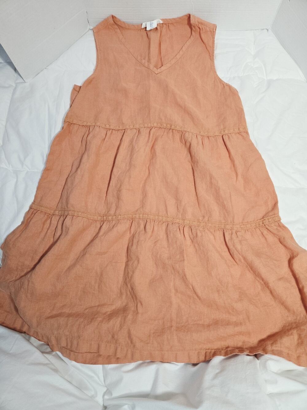 Lucky Brand S Cottagecore Linen Tiered Mini Babydoll Dress Coastal Relaxed Lux